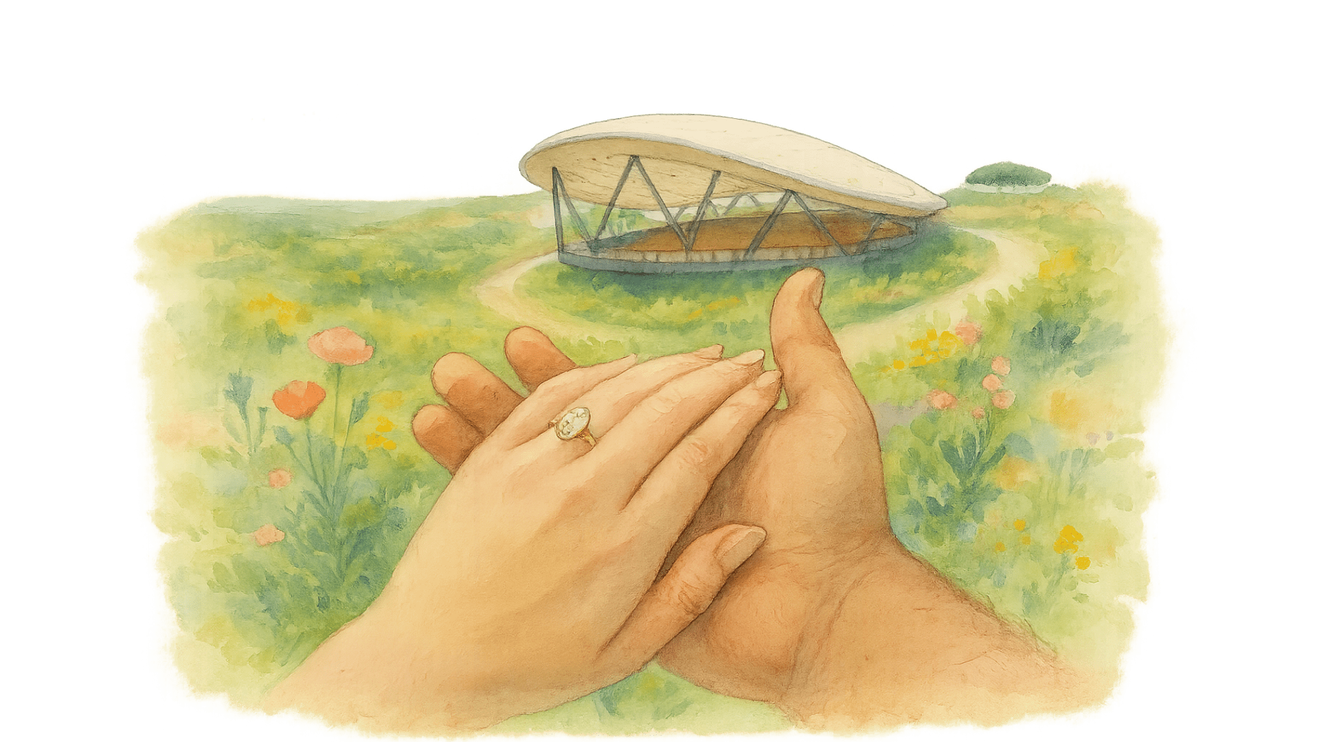 Elif ve Burak'ın eli birleşmiş, arkada Göbeklitepe görünüyor. Suluboya tarzında resim.